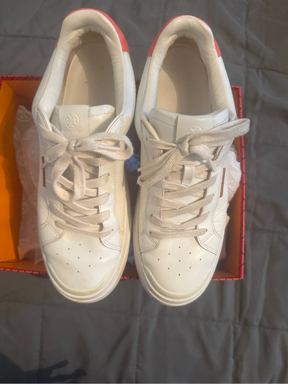 Tory Burch White Leather Sneakers with Coral Heel Accent